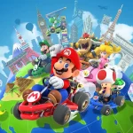 Mario ve diğer Nintendo karakterlerinin dünya şehirleri temalı pistte kartlarla yarıştığı Mario Kart Tour görseli