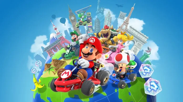 Mario ve diğer Nintendo karakterlerinin dünya şehirleri temalı pistte kartlarla yarıştığı Mario Kart Tour görseli