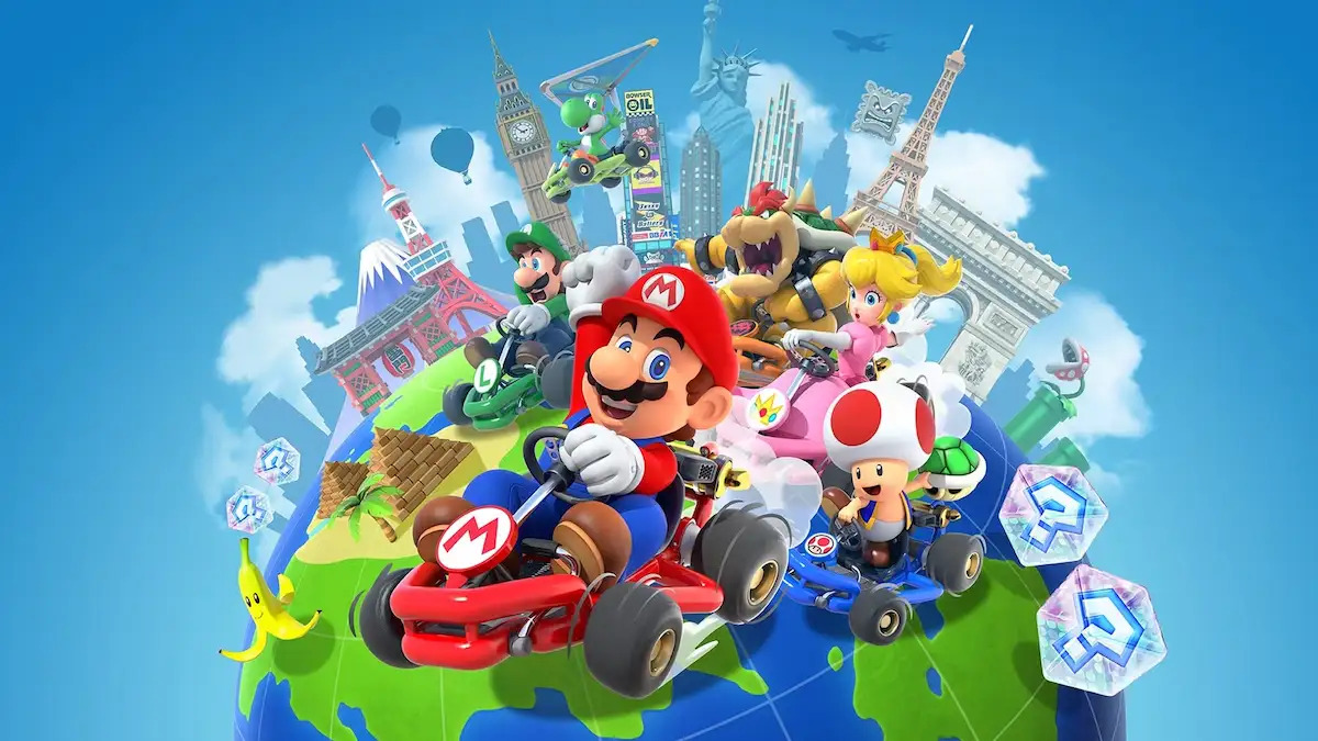 Mario ve diğer Nintendo karakterlerinin dünya şehirleri temalı pistte kartlarla yarıştığı Mario Kart Tour görseli