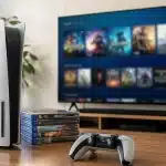 PlayStation konsolu, oyun kumandası ve dijital oyun arşiviyle fiziksel diskten dijital oyun dönemine geçişi gösteren modern oyun odası