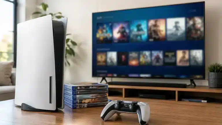 PlayStation konsolu, oyun kumandası ve dijital oyun arşiviyle fiziksel diskten dijital oyun dönemine geçişi gösteren modern oyun odası