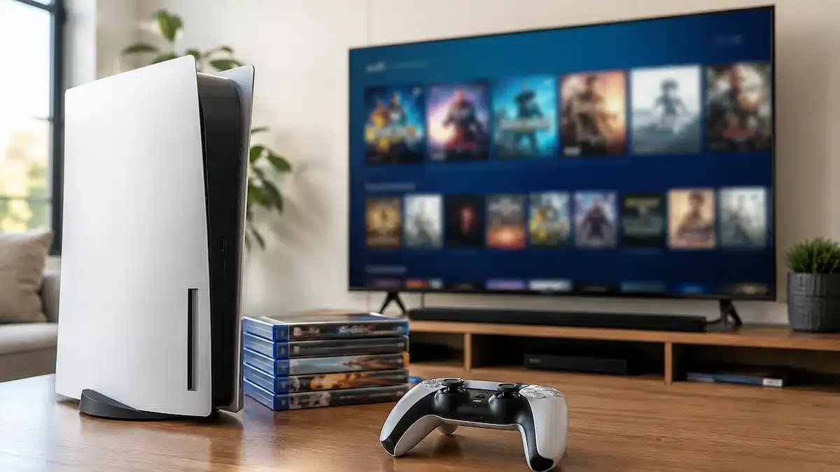 PlayStation konsolu, oyun kumandası ve dijital oyun arşiviyle fiziksel diskten dijital oyun dönemine geçişi gösteren modern oyun odası