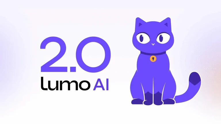 Proton Lumo 2.0 yapay zeka asistanını temsil eden mor kedi maskotu ve Lumo AI 2.0 görseli