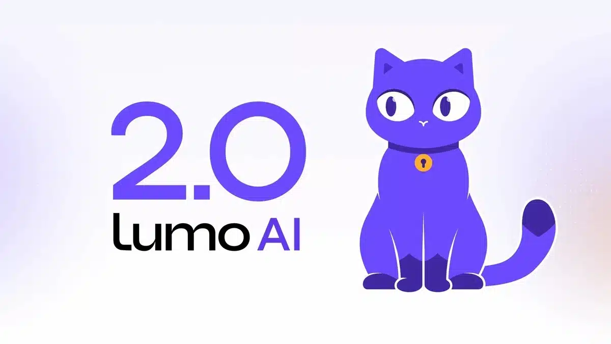 Proton Lumo 2.0 yapay zeka asistanını temsil eden mor kedi maskotu ve Lumo AI 2.0 görseli