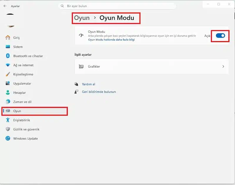 windows oyun modu ayar ekranı