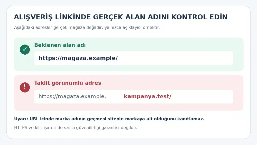 Gerçek bir mağaza adresiyle taklit görünümlü alışveriş bağlantısının nasıl ayırt edileceğini gösteren örnek.